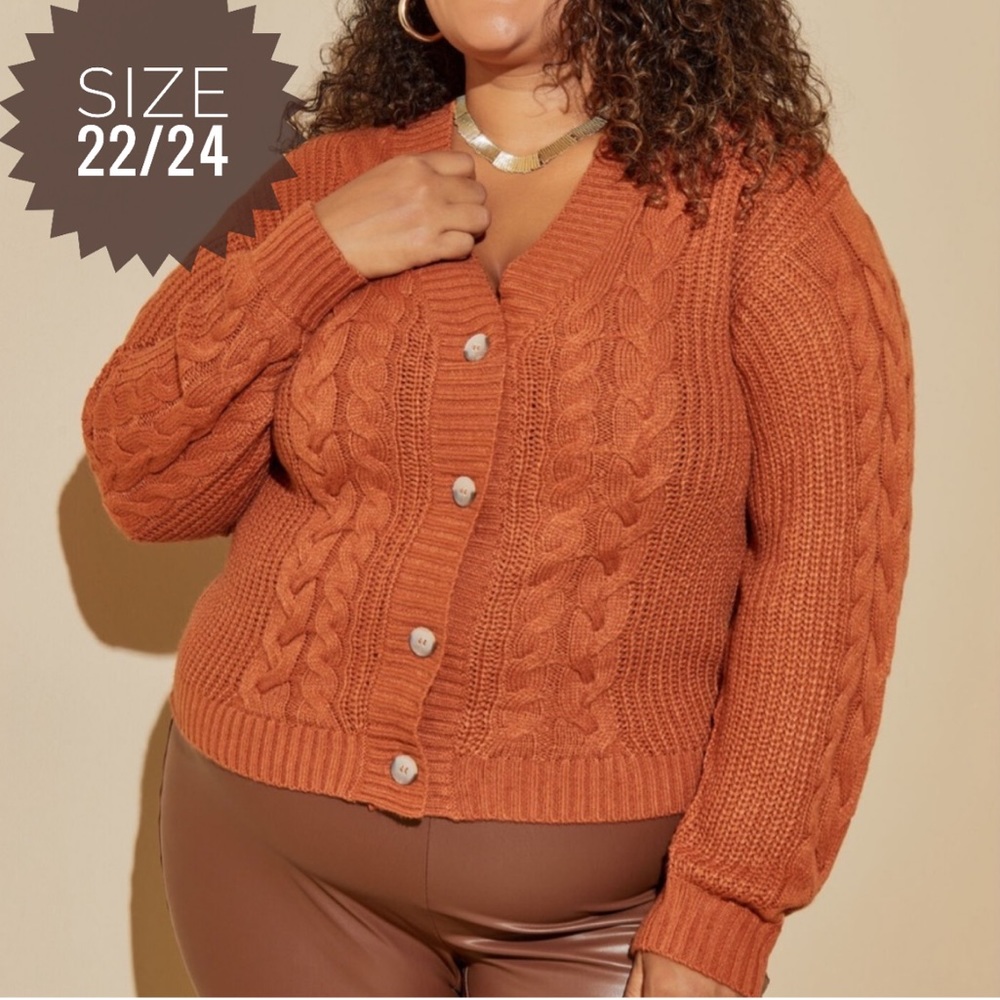 Plus ASHLEY STEWART Bombay Brown Cable Knit Button Down Cardigan Sweater 22/24